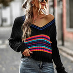 Striped Contrast V-Neck Dropped Shoulder Sweater