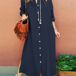 Long Sleeve V Neck Slim Fit Fashion Button Up Dress Sexy Linen Blend Long Dress Shirt Dress