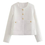 Round Neck Slim Fit Colorblock Women's Button Jacket
