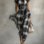 Women's Plaid Cotton Blend High Collar Short Sleeve Belt Maxi Dress