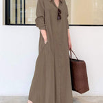 Nadorine Women's Beach Casual Solid Color Loose Temperament Long Shirt Dress