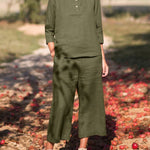 Nadorine Casual Button Long Sleeve Solid Color Round Neck Tops and Pockets Pants Set