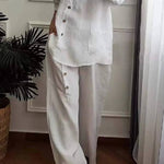 Solid Color Cotton And Linen Cropped Top & Wide Leg Pants Two-Piece Set