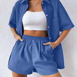 Nadorine Women's Casual Two-Piece Short Sleeve Lapel Cardigan Top and Shorts Loungewear Sets