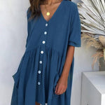 Half Sleeve Summer Shirt Dress V Neck Button Down Casual Loose Flowy Swing Mini Dress with Pockets