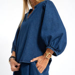 Nadorine Women's Casual Denim Two-piece Set Loose Puffed Sleeve Blouse and Wide-leg Pants