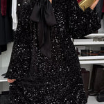 Velvet Sequin Back Bow Bell Sleeves Loose Mini Dress