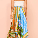 Summer Destination Satin Unique Print Elastic Waist Irregular Hem Maxi Skirt