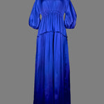 High Waisted Puff Sleeves Falbala Solid Color V-Neck Maxi Dresses