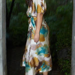 Cityscape Moment Satin Tie Dye Print Half Sleeve Wrap Midi Dress