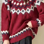 Retro ethnic style geometric pattern round neck loose knit sweater