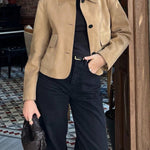 Lapel Button Up Pocketed Faux Suede Crop Jacket