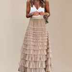 Nadorine Women's A-Line Patchwork Mesh Cake Skirt Casual Solid Color High Waist Loose Ruffled Pleated Long Tulle Skirt