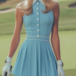 Elegant Sports White Button Detail Baby Blue Sleeveless Mini Dress