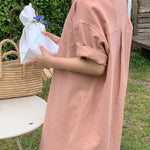 Oversized Button Down Maxi Shirt Dress Short Sleeve Side Split Casual Loose Solid Tunic Dress