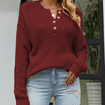 Waffle Knit Long Sleeve Side Slit Button Pullover Jumper Sweater