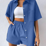 Nadorine Women's Casual Two-Piece Short Sleeve Lapel Cardigan Top and Shorts Loungewear Sets