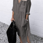 Lapel Casual Shirt Dresses Long Sleeve Pocket Sommer Maxi Dresses
