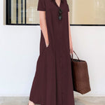 Nadorine Women's Casual Loose Short Sleeve Beach Dress Solid Color Loose Temperament Long Shirt Dress