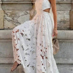 Sevilla Sun Embroidery Crochet Flowers Cutout Waist Halter Backless Maxi Dress