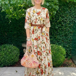 Odelia | Round Neck Three Quarter Sleeve Belted Maxi Dress