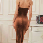 Slit Pleated Velvet Slip Evening Dress
