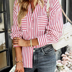 Nadorine Roll Up Sleeve Button Down Lapel Blouse with Pocket Comfy Casual Loose Fit Shirt