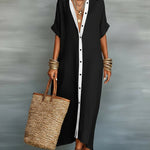 Olive Green Minimalist Patchwork Short-sleeved Shirt Maxi Dress