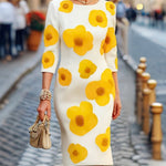 Three-Quarter Sleeves Flower Print Round-Neck Midi Dresses