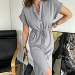Nadorine Women's Cotton Linen Dress Round Neck Single Breasted Button Sleeves Drawstring Slit Mid Length Dress