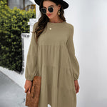Long Puff Sleeve Shirt Dress Casual Crewneck Loose Fit Sundress Trendy Tiered Layer Summer Mini Dresses