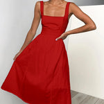 Square Neck Sleeveless Elastic Waist A-line Midi Dress