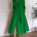 A-Line Long Sleeves Buttoned Pleated Pockets Solid Color Tied Waist V-Neck Maxi Dresses