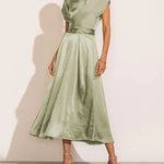 Satin Midi Dress Cap Sleeve Tie Waist Elegant A-Line Flowy Dresses