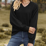 V-Neck Solid Color Twisted Knit Long Sleeve Loose T-Shirt Tops