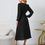 Elegant Wrap V Neck Lantern Sleeve Bulted Pleated Flowy Midi Dress