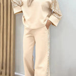 Stylish Sequined Loose-fitting Crew Neck Top and Casual Pocket Wide-leg Pants Set