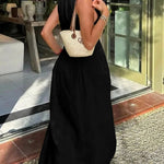 A-Line Loose Pleated Pockets Split-Joint Zipper Round-Neck Maxi Dresses