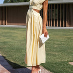 Cap Sleeve Belly-Hollow Pleated Solid Color Stand Collar Maxi Dresses