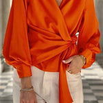 Satin Solid Color V-neck Tie Up Long Sleeve Loose Shirt