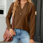 Solid Color V-Neck Buttoned Jacquard Loose-Fitting Long-Sleeved T-Shirt Top
