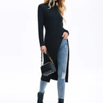 Simple Skinny Split-Side Solid Color High-Neck T-Shirts Tops