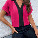 Loose Short Sleeves Contrast Color V-Neck T-Shirts Tops