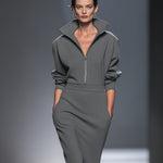 Women's Casual Cotton Polyester Half  Zip Midi Dress