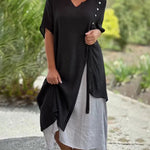 Nadorine Women's Asymmetric Summer V Neck Short Sleeve Patchwork Split Loose Casual Ankle-Length Long Dress