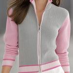 Stand Collar Zipper Contrast Color Knitted Cardigan