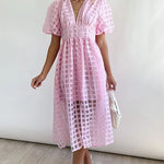 Nadorine Women's Deep V Neck Short Puff Sleeve Plaid Midi Dress Elegant Button Front Beach Flowy Dress
