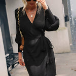 Lantern Sleeve Belted Sweater Dress