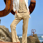 Street Style Two Pieces Sets Cotton Linen Vest Top High Waist Wide Leg Pants