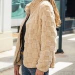 Long-sleeved Zippered Cardigan Loose Solid Color Checkered Plush Jacket